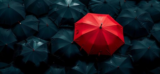 A red umbrella among many black umbrellas