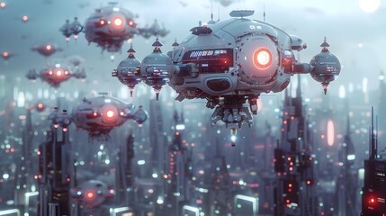 Swarm of Futuristic Nano-Drones Surveying a Vibrant Cityscape with Cutting-Edge Digital Art Style