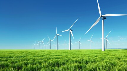 A vast wind farm with numerous turbines standing tall on a lush green field under a clear blue sky, symbolizing renewable energy.
