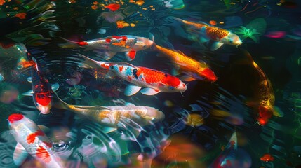 colorful school of koi fish gracefully swimming in a tranquil pond, radiating beauty and serenity in a garden setting.