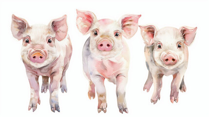 watercolour painting of 3 pigs set collection isolated on white background


