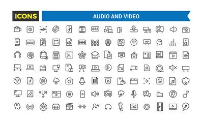 Audio and Video Icons Pack, Thin Line Icons Set, Flat Icon Collection Set, Simple Vector Icons, Vector Illustration