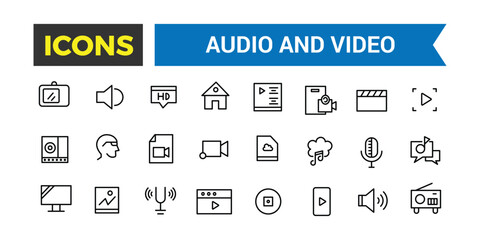 Audio and Video Icons Pack, Thin Line Icons Set, Flat Icon Collection Set, Simple Vector Icons, Vector Illustration