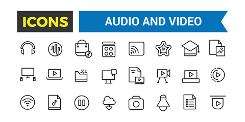 Audio and Video Icons Pack, Thin Line Icons Set, Flat Icon Collection Set, Simple Vector Icons, Vector Illustration