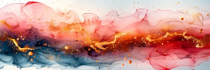 Colors of July: Pink, white, gold, Abstract dusty blush liquid watercolor background with golden cracks. Pastel pink marble alcohol ink drawing effect