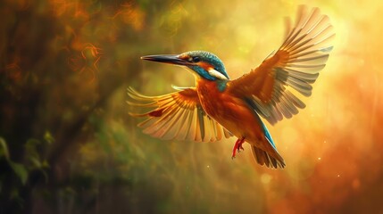 kingfisher bird in flight, with its wings spread wide and feathers gleaming in the sunlight, symbolizing freedom and grace.