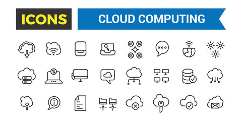 Cloud Computing Thin Line Icons Set, Cloud Services, Server, Cyber Security, Concepts Included, Outline Style Icon Collection, Editable Stroke
