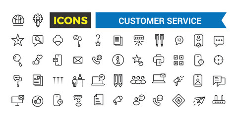 Customer Service And Support, Line Icon Set, Outline Style Icon Set Contains Such Icons As Satisfaction, Feedback, Faq And More, Full Vector Icons Set, Vector Illustration