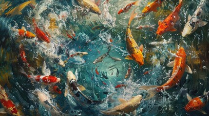 koi fish feeding frenzy in a pond, with colorful fish eagerly swarming to devour floating fish pellets, creating a captivating spectacle.