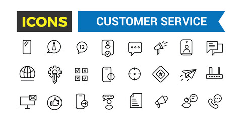 Customer Service And Support, Line Icon Set, Outline Style Icon Set Contains Such Icons As Satisfaction, Feedback, Faq And More, Full Vector Icons Set, Vector Illustration