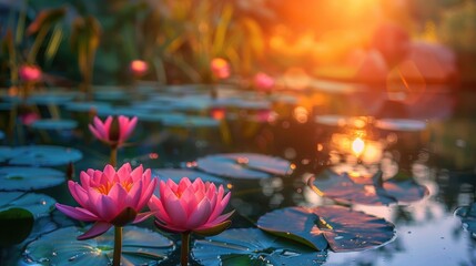 lotus pond reflecting the vibrant colors of the setting sun, creating a stunning and ethereal ambiance in the tranquil evening light.