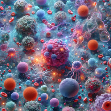 Background of tumour microenvironment with cancer cells, T cells, nanoparticles, molecules and blood vessels. Concept of oncology research