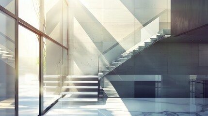 Obraz premium modern staircase with sleek design and glass railings, adding a touch of contemporary elegance to an architectural interior.