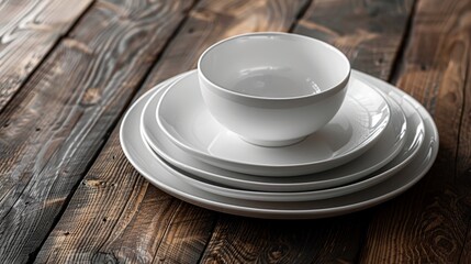 Monochrome dinnerware set elegantly arranged on a dark wooden table with subtle lighting for a moody feel