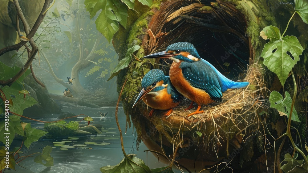 Wall mural pair of kingfisher birds building a nest in a riverside burrow, showcasing their dedication to nesting and breeding.