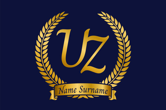 Initial letter U and Z, UZ monogram logo design with laurel wreath. Luxury golden calligraphy font.