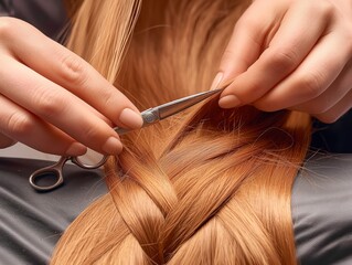 A woman is cutting her hair with scissors. The scissors are being used to cut the hair in a braid