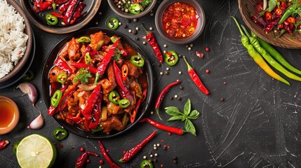 plate of spicy dishes causing discomfort and heartburn, illustrating the connection between spicy food consumption and acid reflux symptoms.