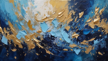 Abstract Oil Painting Palette Knife Technique, blue, grey, and gold colors
