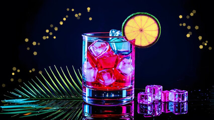 Refreshing alcoholic cocktail on a neon tropical background with palm leaves. A glass of cold delicious aperitif drink with ice cubes. Fun party holiday at a beach resort
