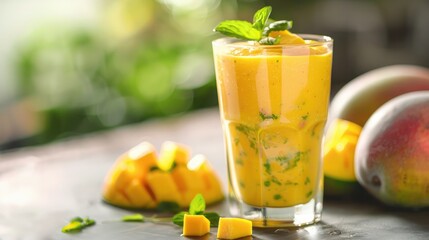 Fototapeta premium refreshing mango smoothie served in a glass, highlighting the tropical flavors and nutritional benefits of this beloved fruit.