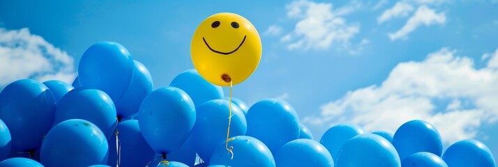 Blue balloons and a lonely yellow balloon with a smiley face on a background of blue sky