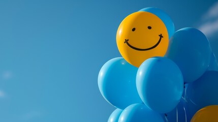 Blue balloons and a lonely yellow balloon with a smiley face on a background of blue sky