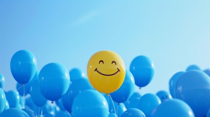 Blue balloons and a lonely yellow balloon with a smiley face on a background of blue sky