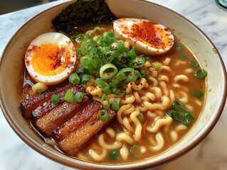 A bowl of ramen with eggs and green onions. The bowl is white and the ramen noodles are yellow