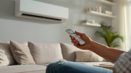 Mans hands with air conditioner remote control