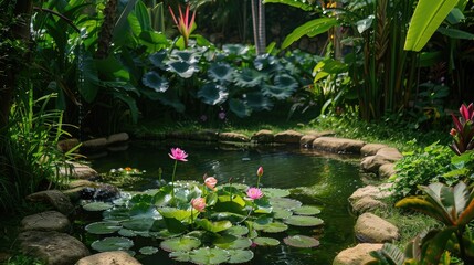Naklejka premium serene garden pond adorned with lush greenery and vibrant lotus flowers, showcasing the beauty and tranquility of the aquatic plant.