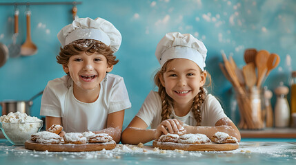 joyful family with amusing children baking cookies in the kitchen