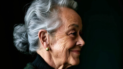 Elegant Senior Woman with Silver Hair in Side Profile - obrazy, fototapety, plakaty