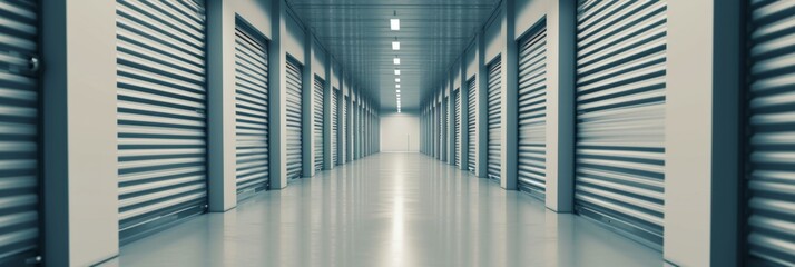 Orderly arrangement of warehouse doors along a well lit corridor