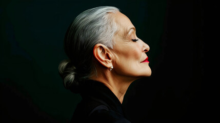 Elegant Senior Woman with Silver Hair in Side Profile