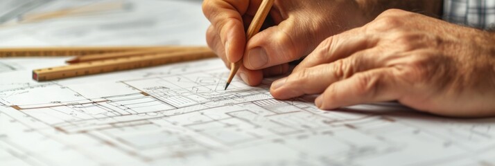 Hands of an architect carefully drawing construction plans and carefully analyzing the layout of the facility