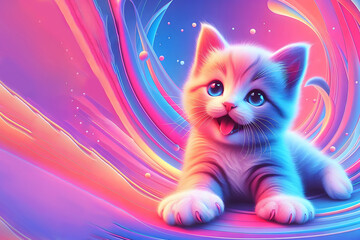 Cute fluffy striped kitten on festive,abstract,futuristic pink and blue with yellow background. Concept: children's photos, children's holiday, matinee. Wallpaper on the phone for children.