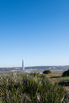 Scenic View from Chellah Necropolis Hills: Mohammed VI Tower Overlooks Bouregreg River Valley. Located in Rabat, Morocco it is a stunning blend of modernity and nature