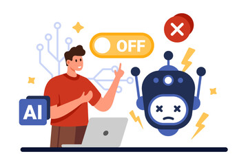 Stop AI, protest against risk using artificial intelligence in future. Tiny man, red cross and Off button above circuit and robots head to restrict digital brain work cartoon vector illustration