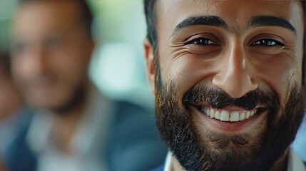 Close up view of the face of a young middle eastern Muslim man smiling kindly.