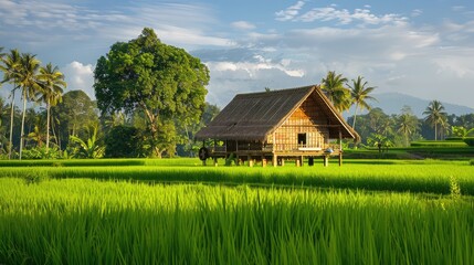 Obraz premium traditional wooden rice barn nestled among verdant rice fields, preserving the cultural heritage of rice farming communities.