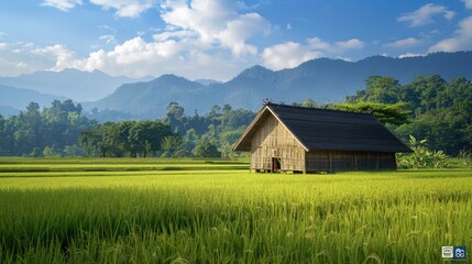 Obraz premium traditional wooden rice barn nestled among verdant rice fields, preserving the cultural heritage of rice farming communities.