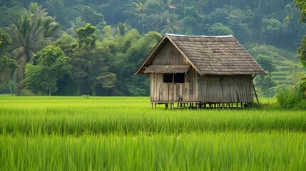 Obraz premium traditional wooden rice barn nestled among verdant rice fields, preserving the cultural heritage of rice farming communities.