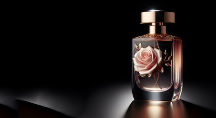 A bottle of perfume on a sleek black background the elegance and luxury of the product highlighted, generative ai