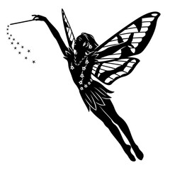 Flying Little Fairy Silhouette. Vector silhouette isolated on white.