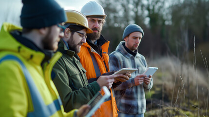 Fototapeta premium A team of engineers conducting field tests on a new renewable energy prototype. Diligence and work, team and trust, profit