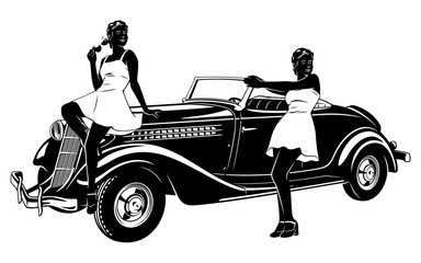 Pinup Girls and Vintage Car. Black and white vector illustration isolated on white.