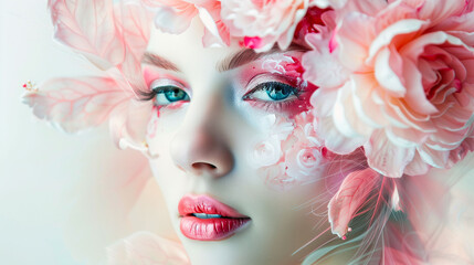 Beautiful Woman with Floral Makeup and Blooms