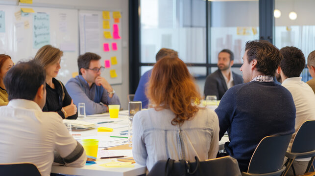 A group of entrepreneurs attending a workshop on business model innovation and disruption. Diligence and work, team and trust, profit