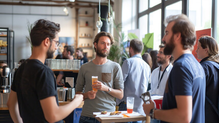 A group of entrepreneurs networking at a startup pitch event, seeking potential collaborators and investors. Diligence and work, team and trust, profit